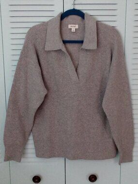 ON 34TH L COTTON BLEND GREY RIBBBED RUGBY STYLE LONG-SLEEVE SWEATER SOFT COZY